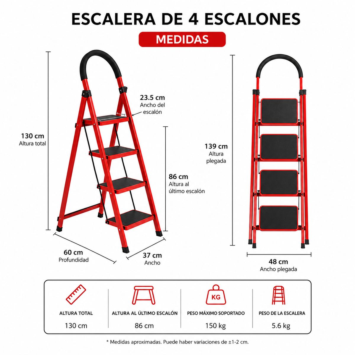 IRM - Escalera De Tijera Metálica Roja 4 Peldaños Plegable Hogar