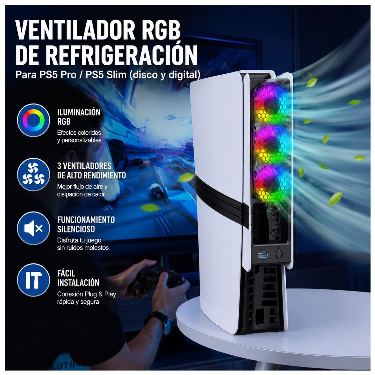 ACTUAL - Ventilador Refrigerador RGB Compatible PS5 Slim PS5 Pro 3 Ventiladores USB 3.0 Control Temperatura