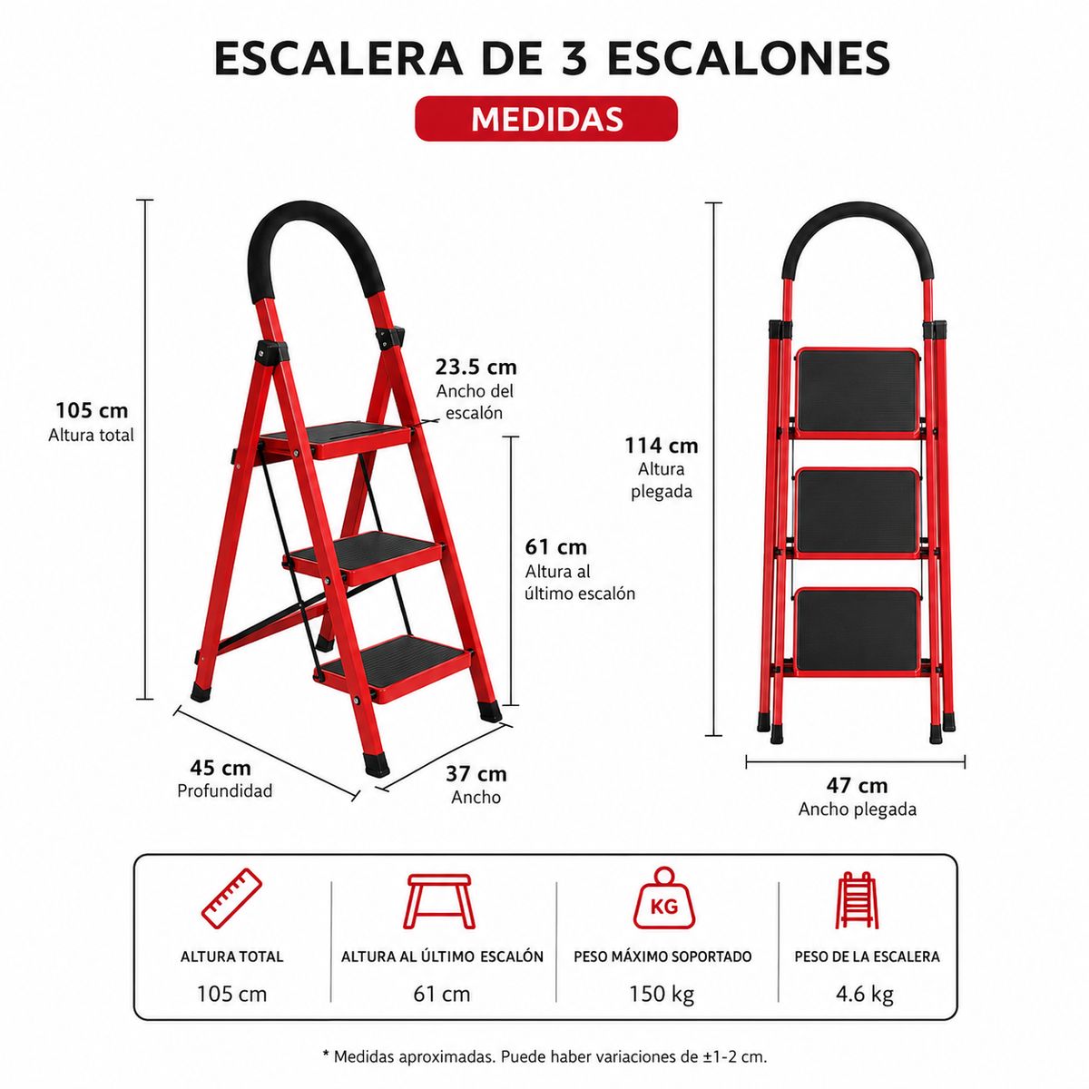 IRM - Escalera De Tijera Metálica Roja 3 Peldaños Plegable Hogar