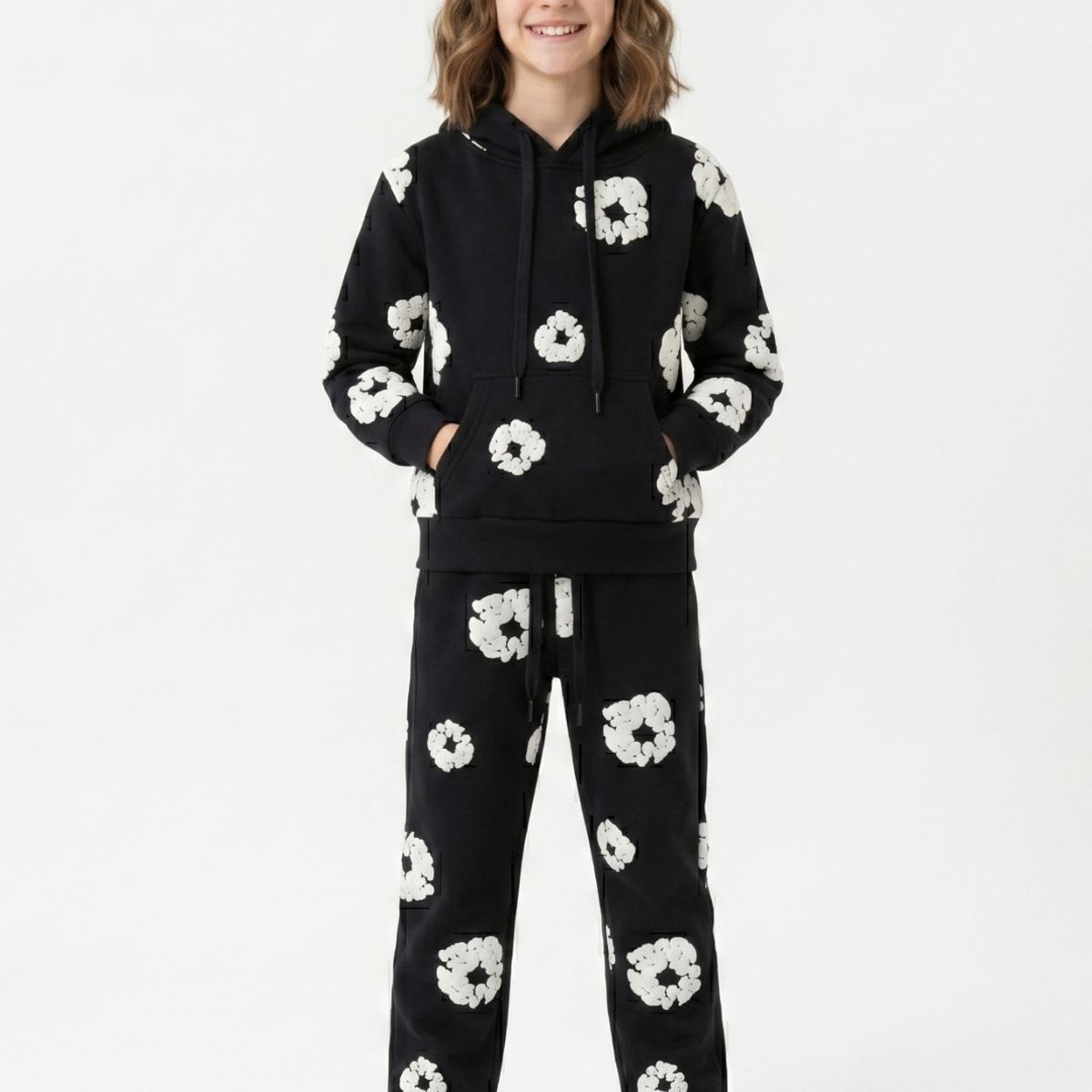 KIBOU - Conjunto Buzo Niña Poleron Canguro Y Jogger Flores 3d