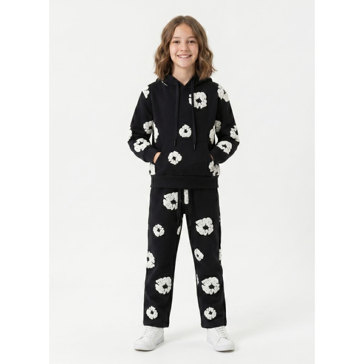 KIBOU - Conjunto Buzo Niña Poleron Canguro Y Jogger Flores 3d