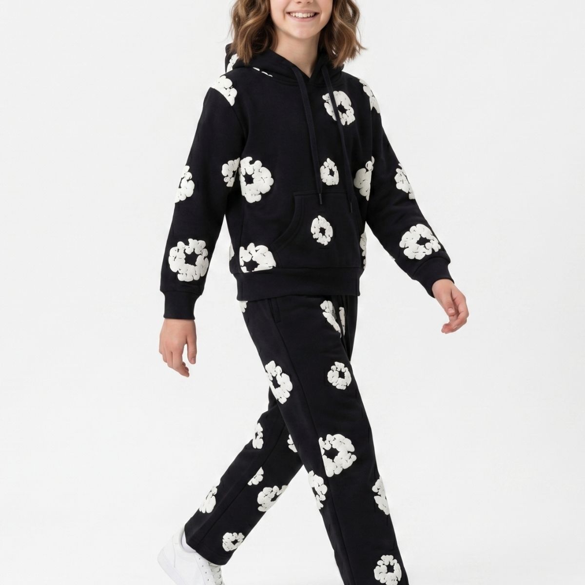 KIBOU - Conjunto Buzo Niña Poleron Canguro Y Jogger Flores 3d