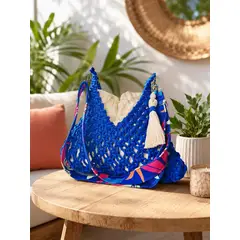 VERDEMAR - Bolso Blue Royale Tejido en Macramé con Correa Ajustable