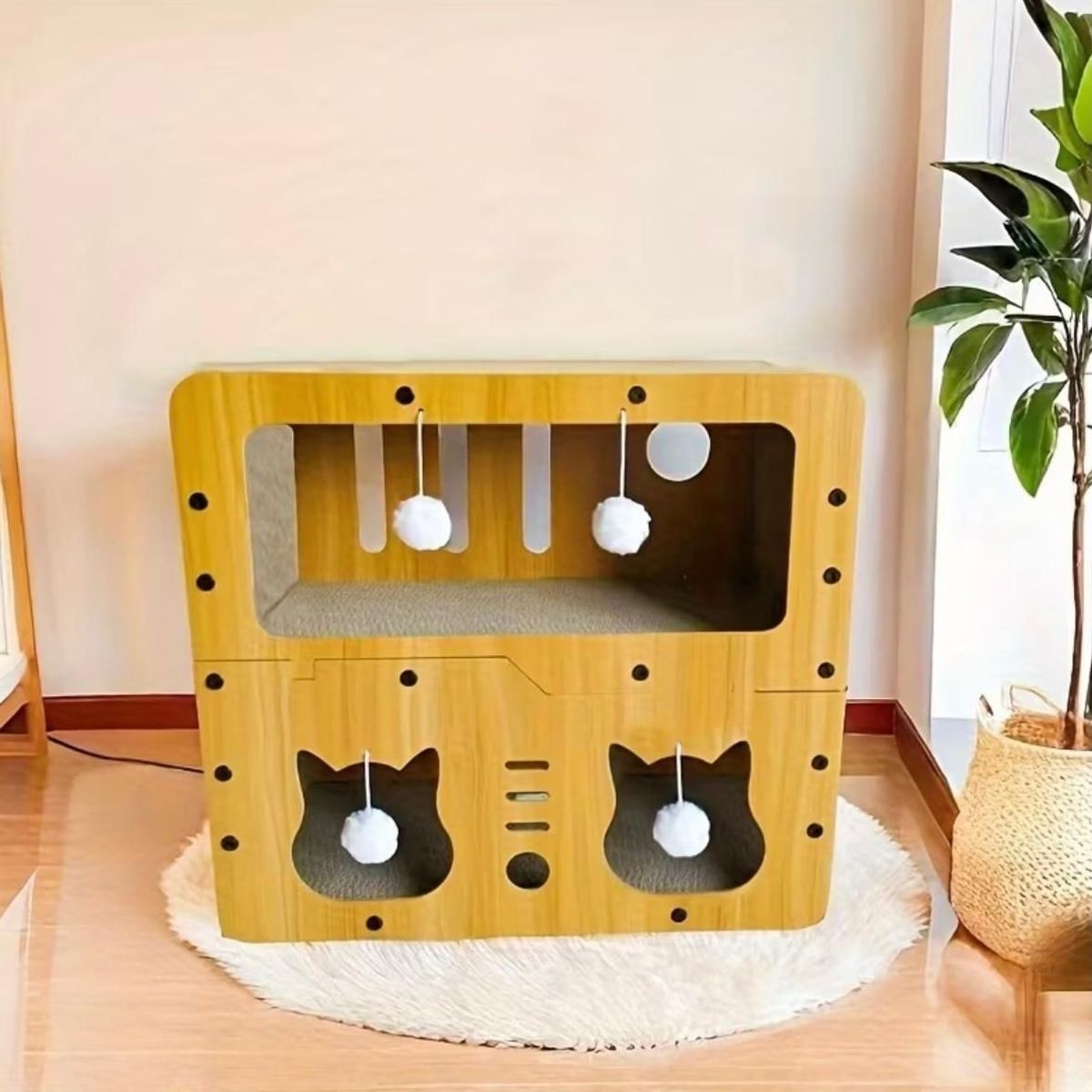 GENERICO - Cama Casa De Madera 2 Niveles Para Gatos Rascador