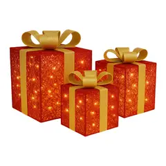 FLIPEREX - Set 3 Cajas de Regalo Navidad Decorativas Con Luces Adorno - Rojo