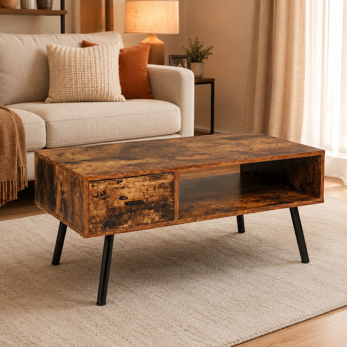 SPACE HOME - mesa de living Ámbar Madera Rústica Con Patas Negras