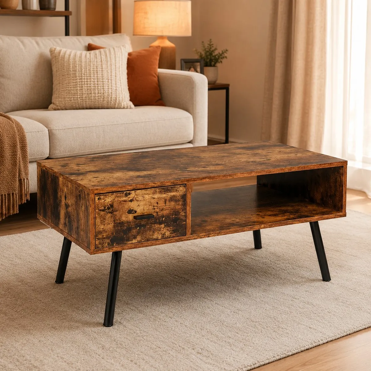 SPACE HOME - mesa de living Ámbar Madera Rústica Con Patas Negras