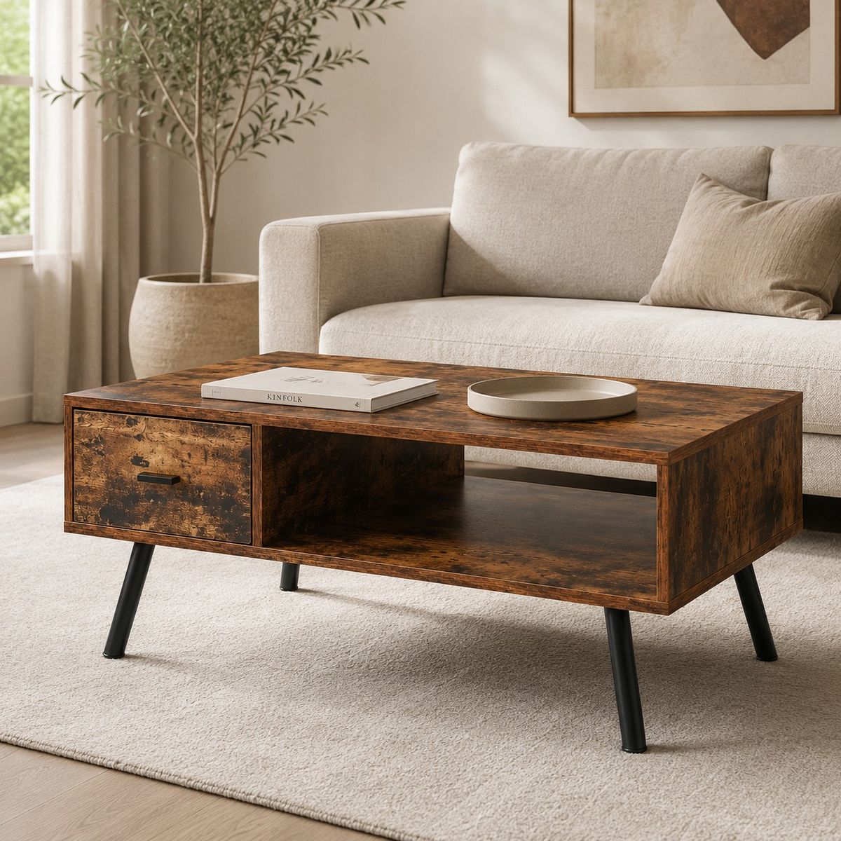 SPACE HOME - mesa de living Ámbar Madera Rústica Con Patas Negras