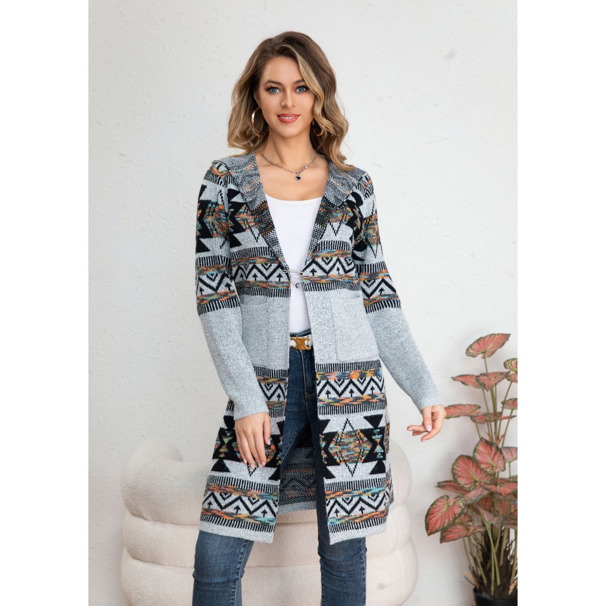 LIKE SHOP - Sweater Largo Mujer Tapado Tipo Cardigan Abrigo Etnico Tendencia 7013