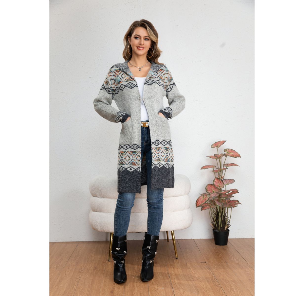 LIKE SHOP - Sweater Largo Mujer Tapado Tipo Cardigan Abrigo Etnico Tendencia 7014