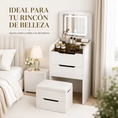 DOPA - Tocador Velador Moderno Blanco Con Espejo, Luz Led Y Banca
