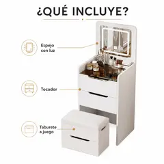 DOPA - Tocador Velador Moderno Blanco Con Espejo, Luz Led Y Banca