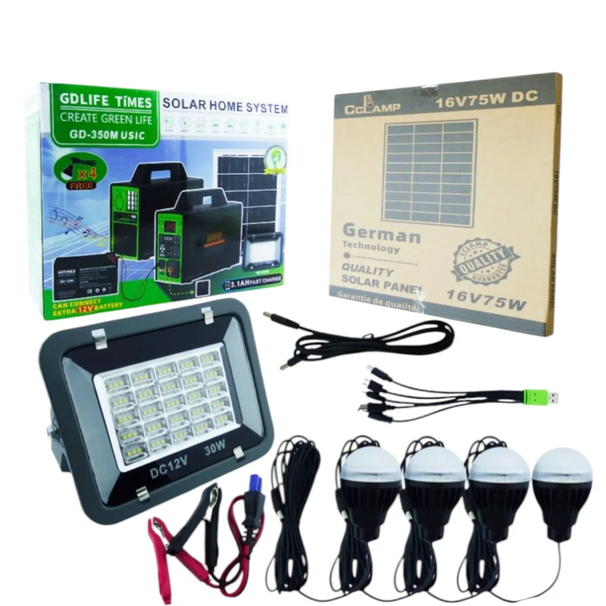 GENERICO - Generador Solar De 350 Watt Modelo GD-350M Con 4 Ampolletas LED, Radio, Bluetooth, Pinzas, Proyector LED Y Panel Solar