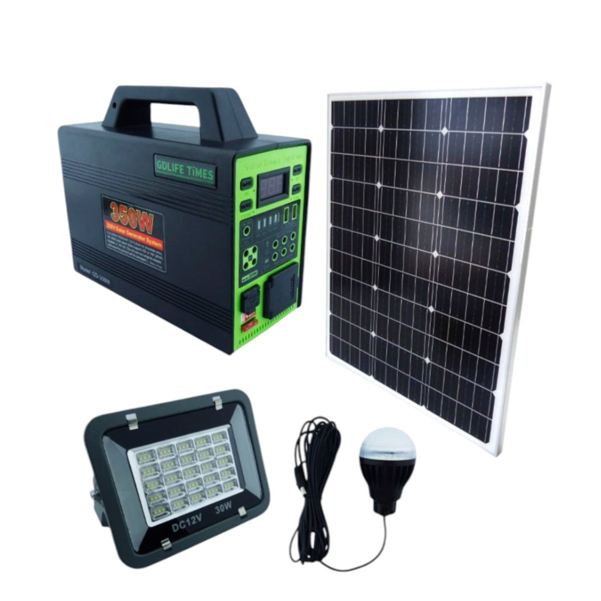 GENERICO - Generador Solar De 350 Watt Modelo GD-350M Con 4 Ampolletas LED, Radio, Bluetooth, Pinzas, Proyector LED Y Panel Solar