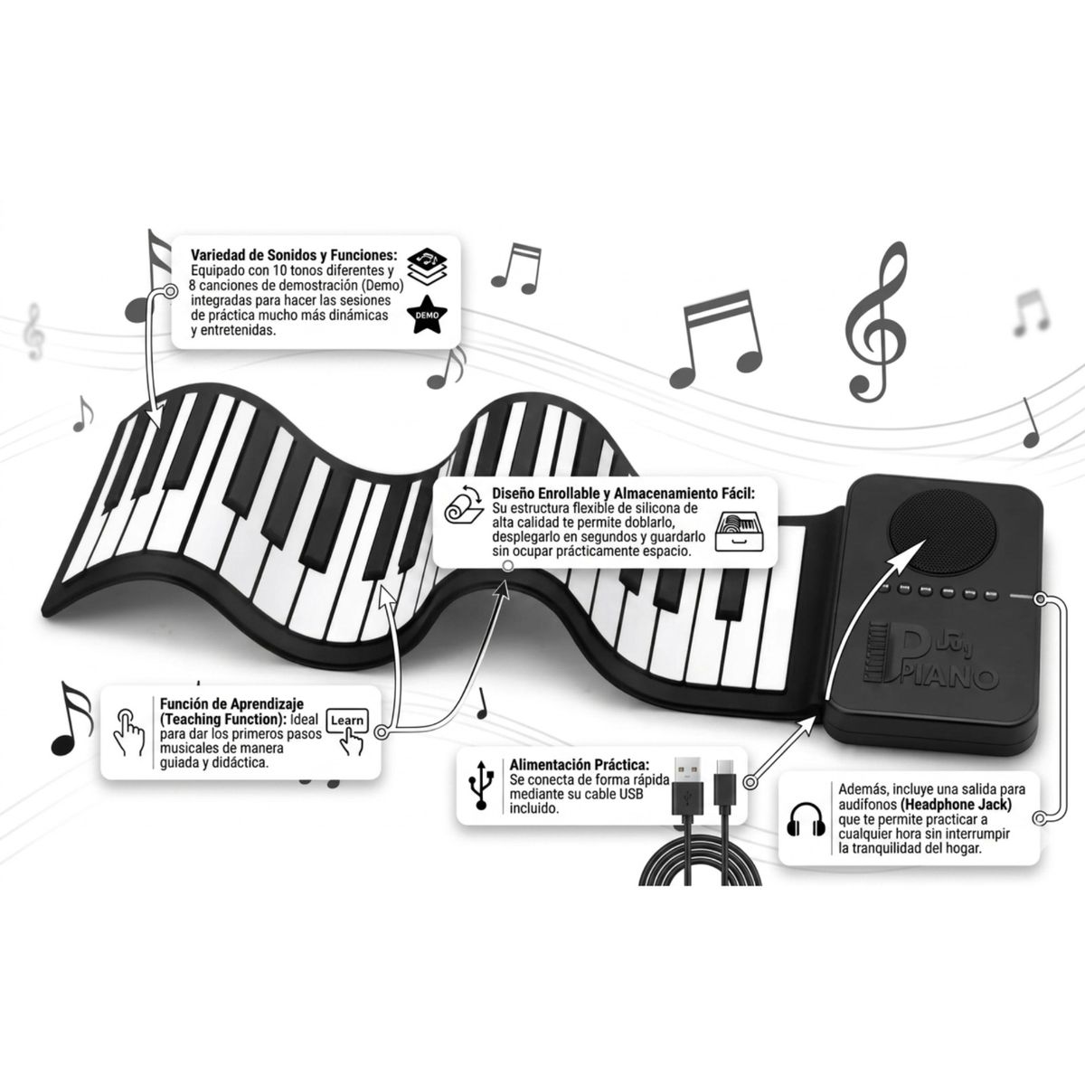 GENERICO - Teclado Musical Piano Flexible Electrónico Enrollable