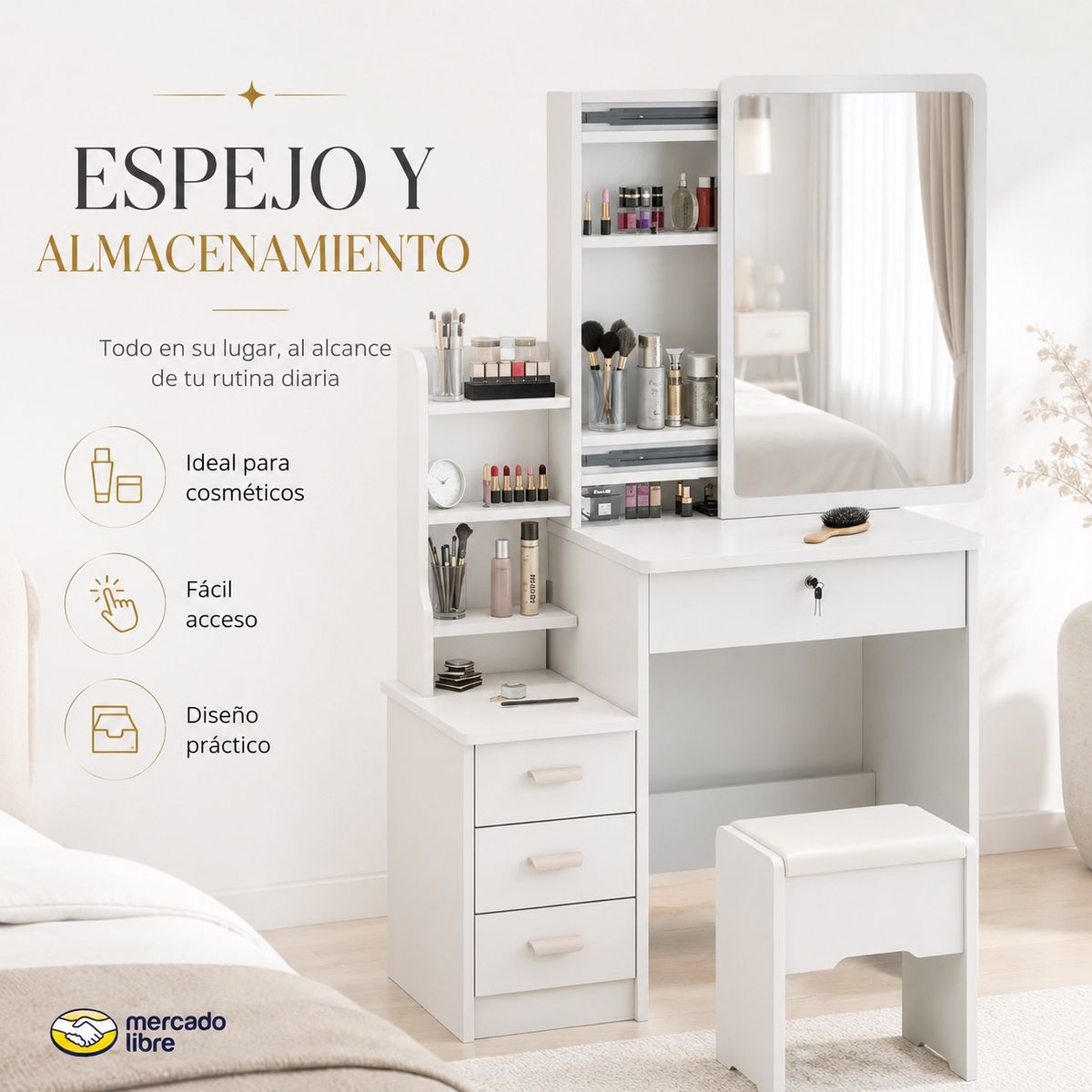 DOPA - Tocador De Maquillaje Con Espejo Cajones Y Banqueta Blanco