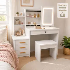 DOPA - Tocador De Maquillaje Con Espejo Luz Led Cajones Y Banqueta Blanco