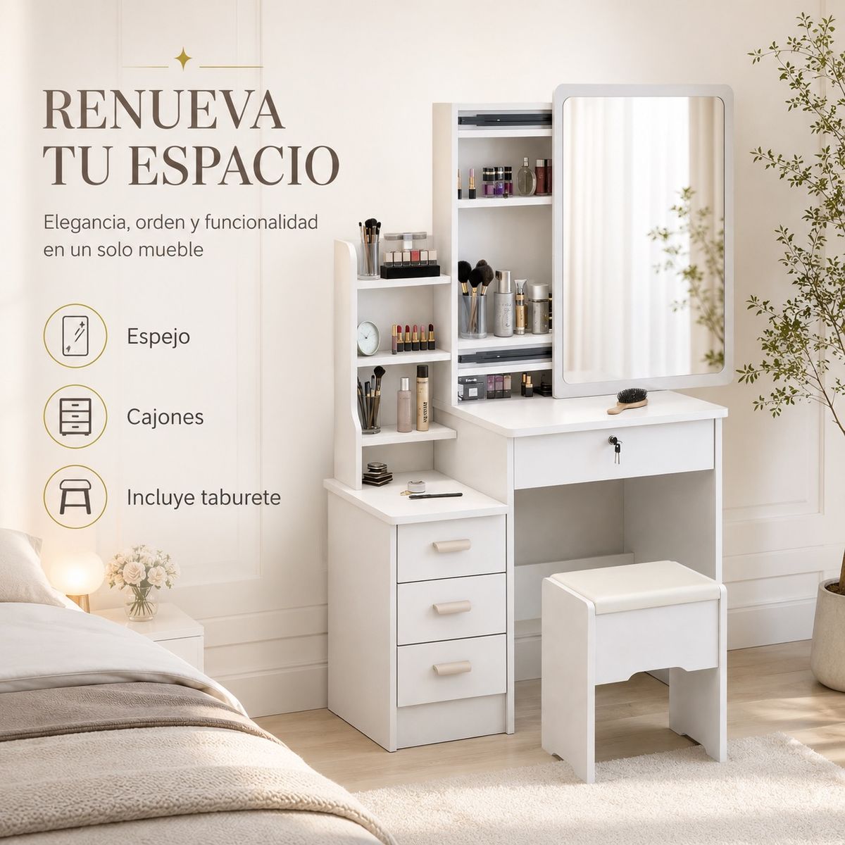 DOPA - Tocador De Maquillaje Con Espejo Cajones Y Banqueta Blanco