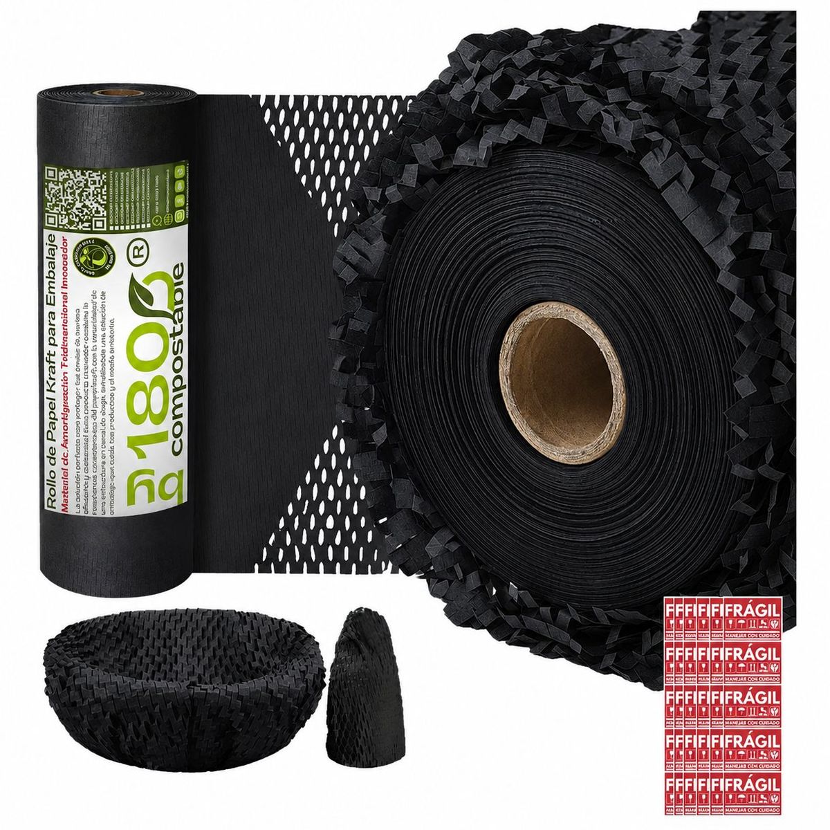 180 COMPOSTABLE - Rollo Papel Kraft Panal 51cm x 50m Negro Embalaje Ecológico