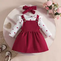 CHINA - Conjunto De 3 Prendas Body Manga Larga Estampado De Corazon + Jardinera Cotele Burdeo Y Lazo CJ135