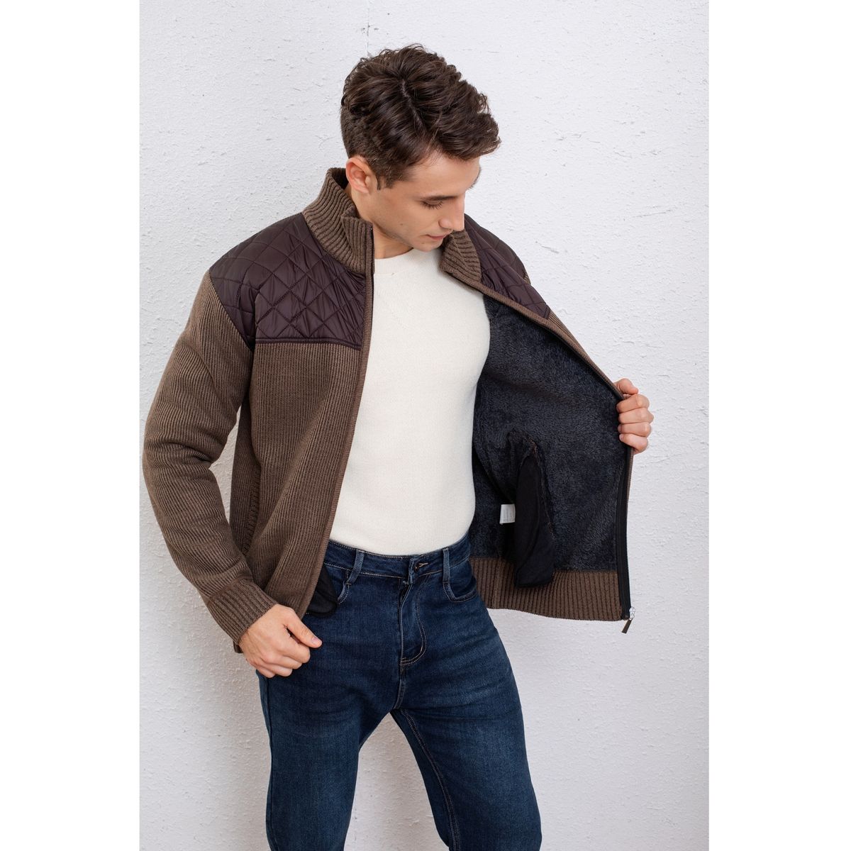 LIKE SHOP - Chaqueta Sweater Hombre Algodón Cuello Subido Forro Piel Bolsillos Cierre 7272