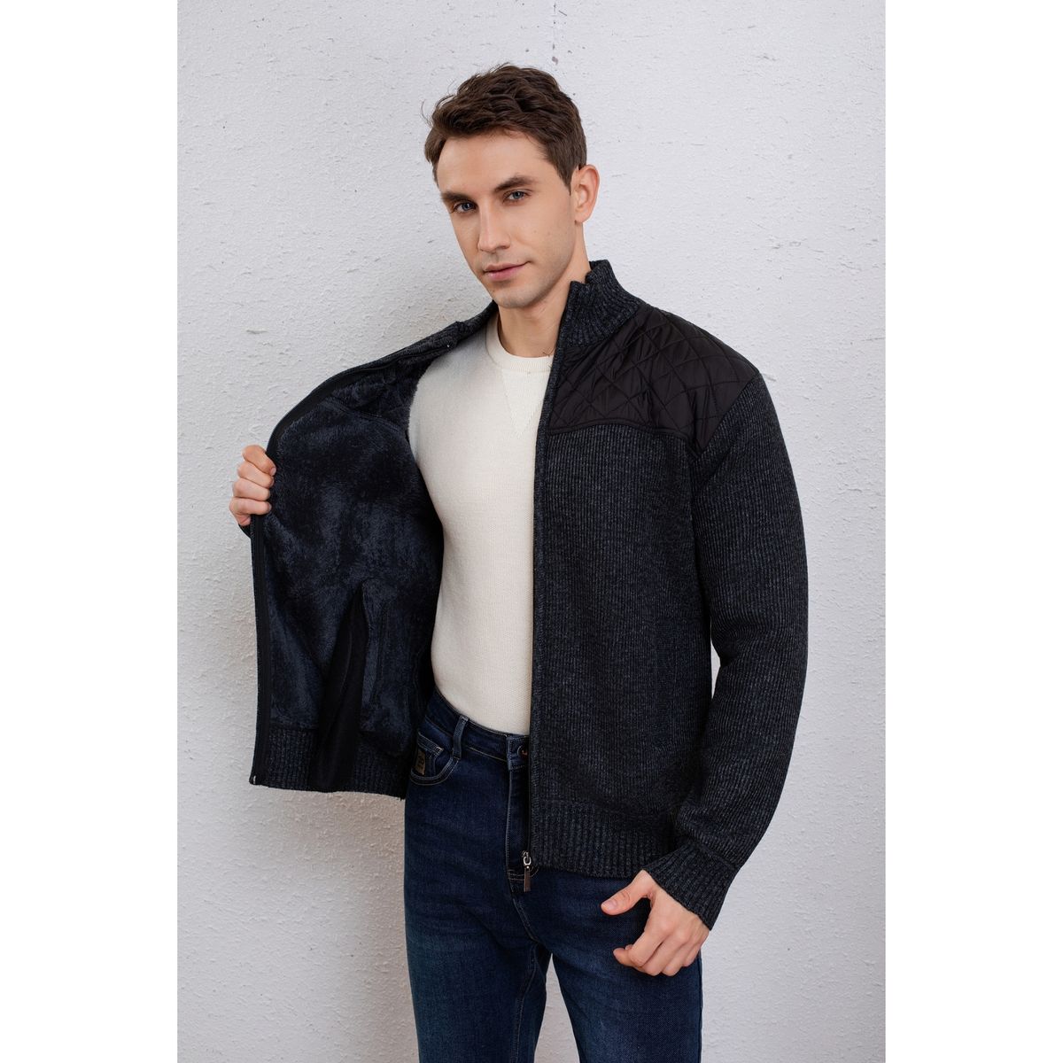 LIKE SHOP - Chaqueta Sweater Hombre Algodón Cuello Subido Forro Piel Bolsillos Cierre 7272