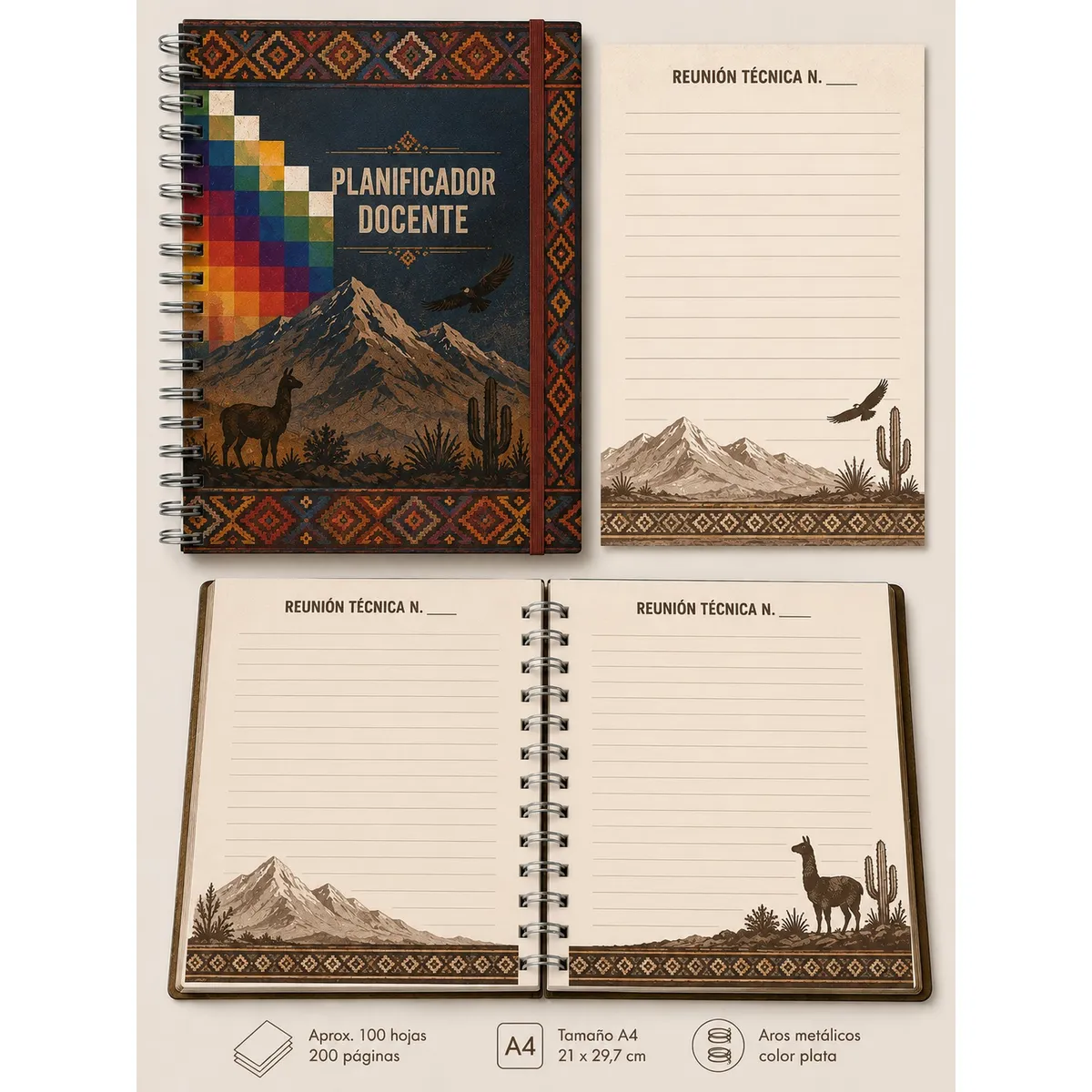GENERICO - Agenda Docente para cualquier año, Planner Anillado Aro 36mm, Tapa Dura, Modelo Andino.