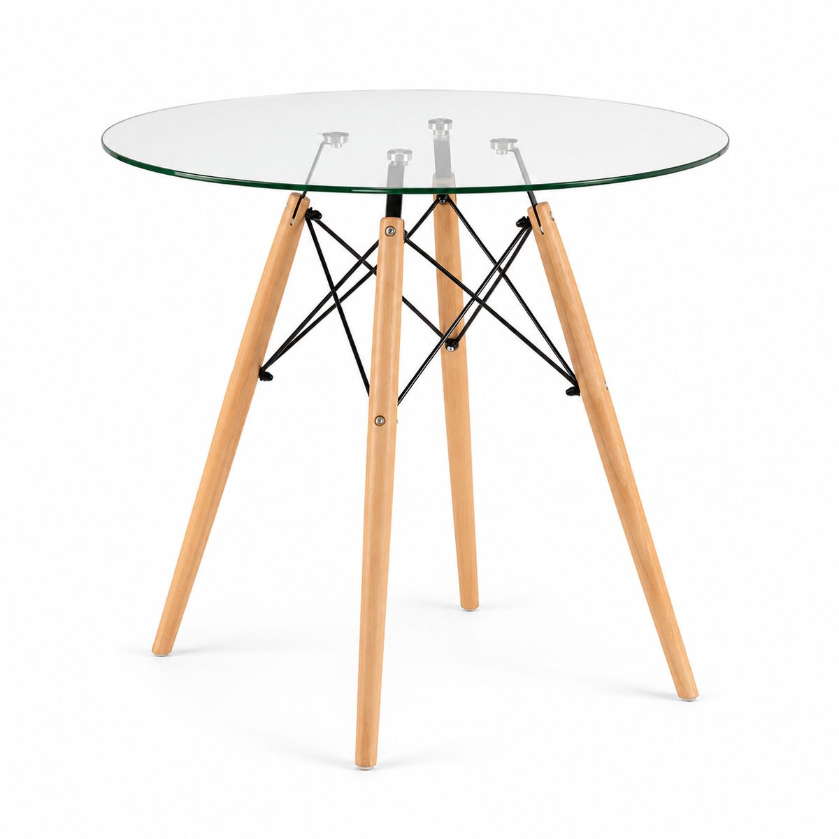 NECTAR - Mesa Eames Redonda 80 cm Cubierta de Vidrio Templado y Patas de Madera de Haya