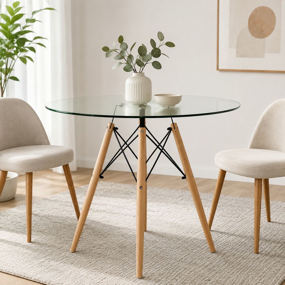 NECTAR - Mesa Eames Redonda 80 cm Cubierta de Vidrio Templado y Patas de Madera de Haya