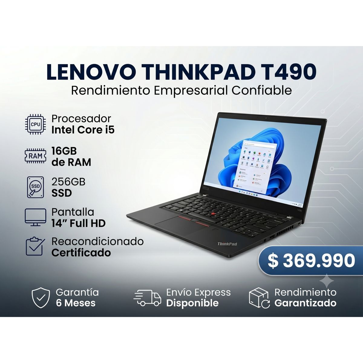 LENOVO - Notebook Lenovo ThinkPad T490 Core i5 8va Gen 16GB RAM 256GB SSD 14 Reacondicionado Grado A