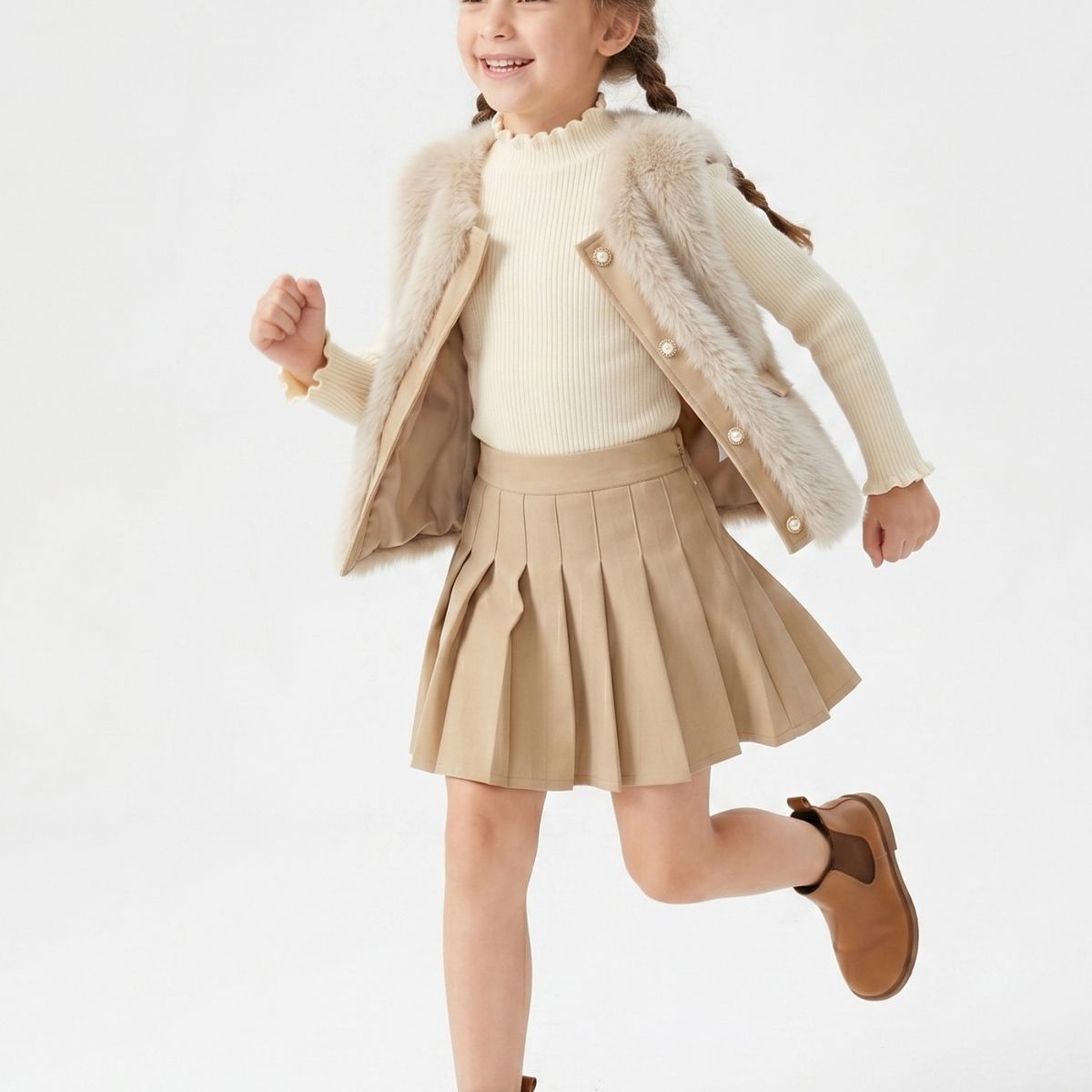 KIBOU - Chaleco Peludo Niña Conjunto Falda Invierno Elegante