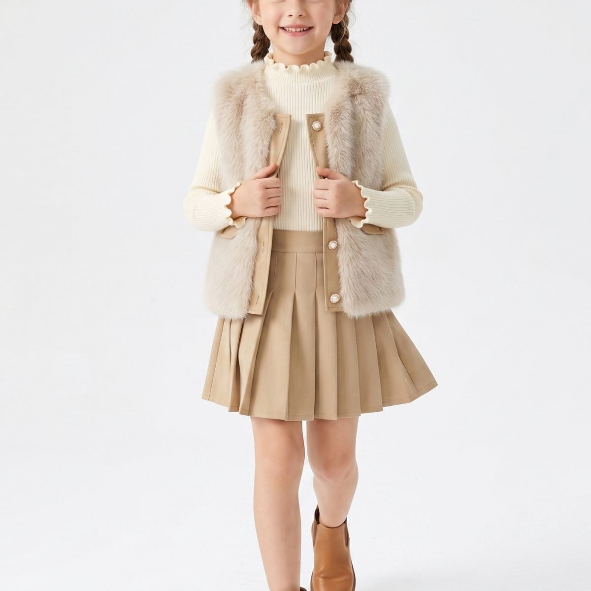 KIBOU - Chaleco Peludo Niña Conjunto Falda Invierno Elegante