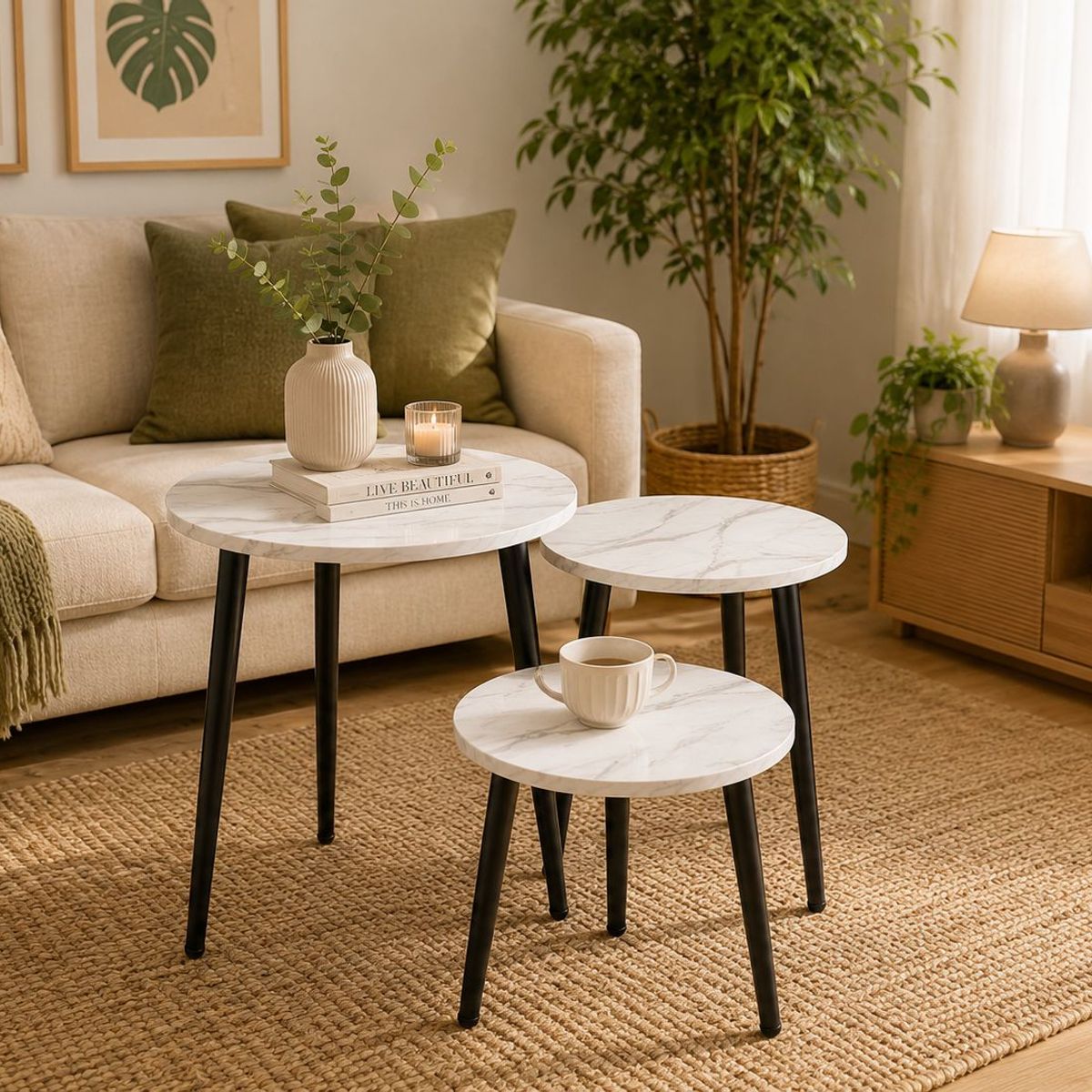 GENERICO - Set de 3 Mesas Para Living Redondas Blanco Marmoleado