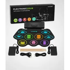 GENERICO - Batería Electrónica Portátil Recargable con Pedales y Parlantes Integrados