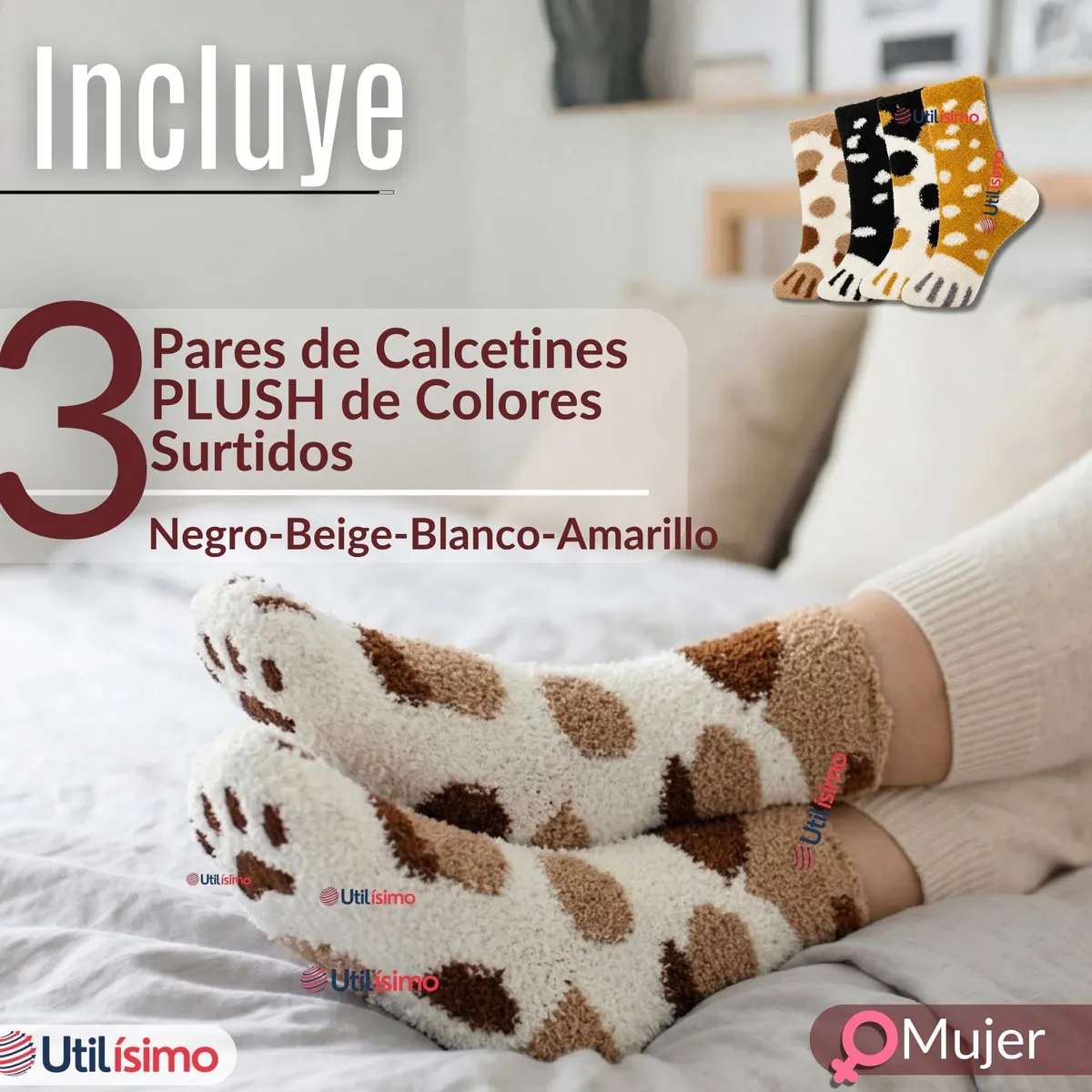 UTILISIMO - Pack 3 Pares Calcetines PLUSH Gatito Surtido Mujer Invierno Térmico