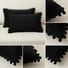 ARMONIA - Pack 2 Fundas Rectangular Terciopelo Pompon negro 88 para Hogar.