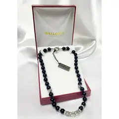 MALLORCA - Collar perla negra y detalle rodela circones y cristal-10mm 50cm Broche Timon Acero Quirurgico