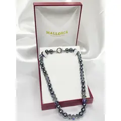 MALLORCA - Collar Perla gris acero y cristales - 10mm 45cm Broche Timon Acero Quirurgico