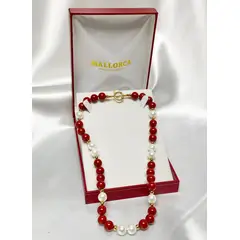 MALLORCA - Collar Perla Blanca y Roja Con Bolitas Bañadas En Oro 10mm 50cm