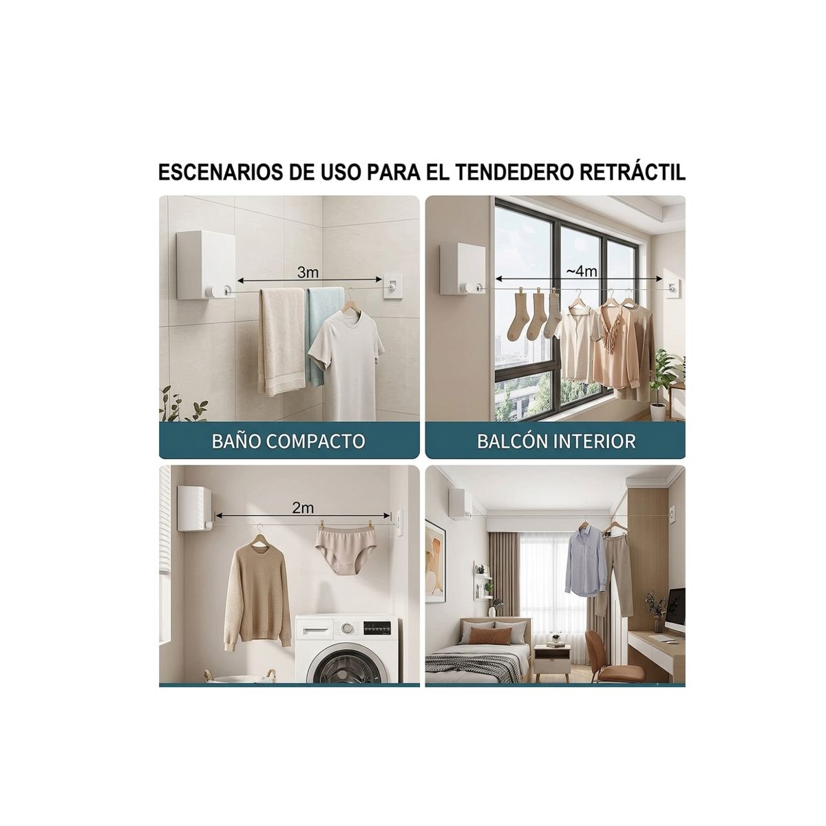 GENERICO - Tendedero Retráctil Colgador Ropa Pared Doble Linea Cuerda -  Blanco