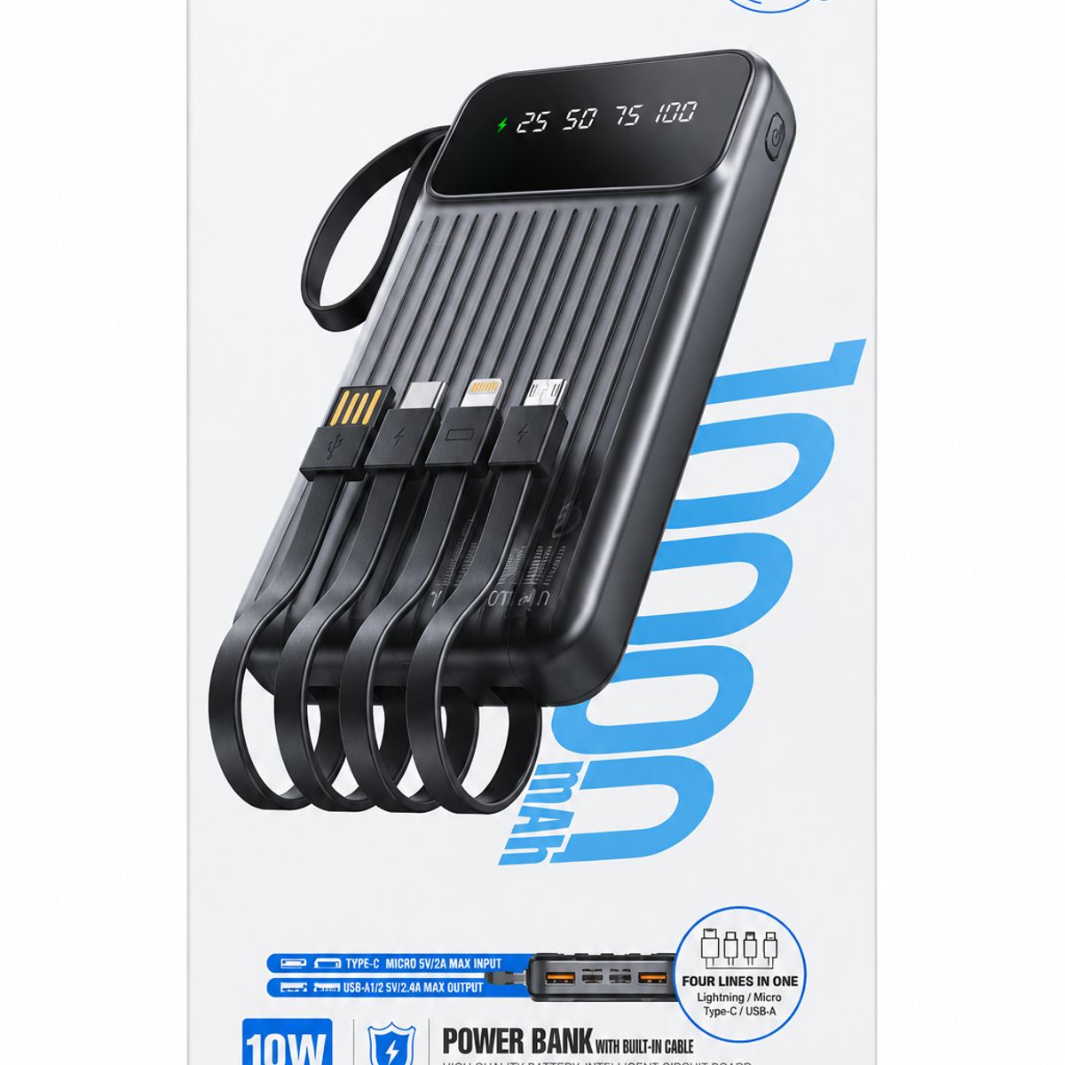 EZRA - Power Bank 10000mAh Carga Rápida Con 4 Cables Integrados