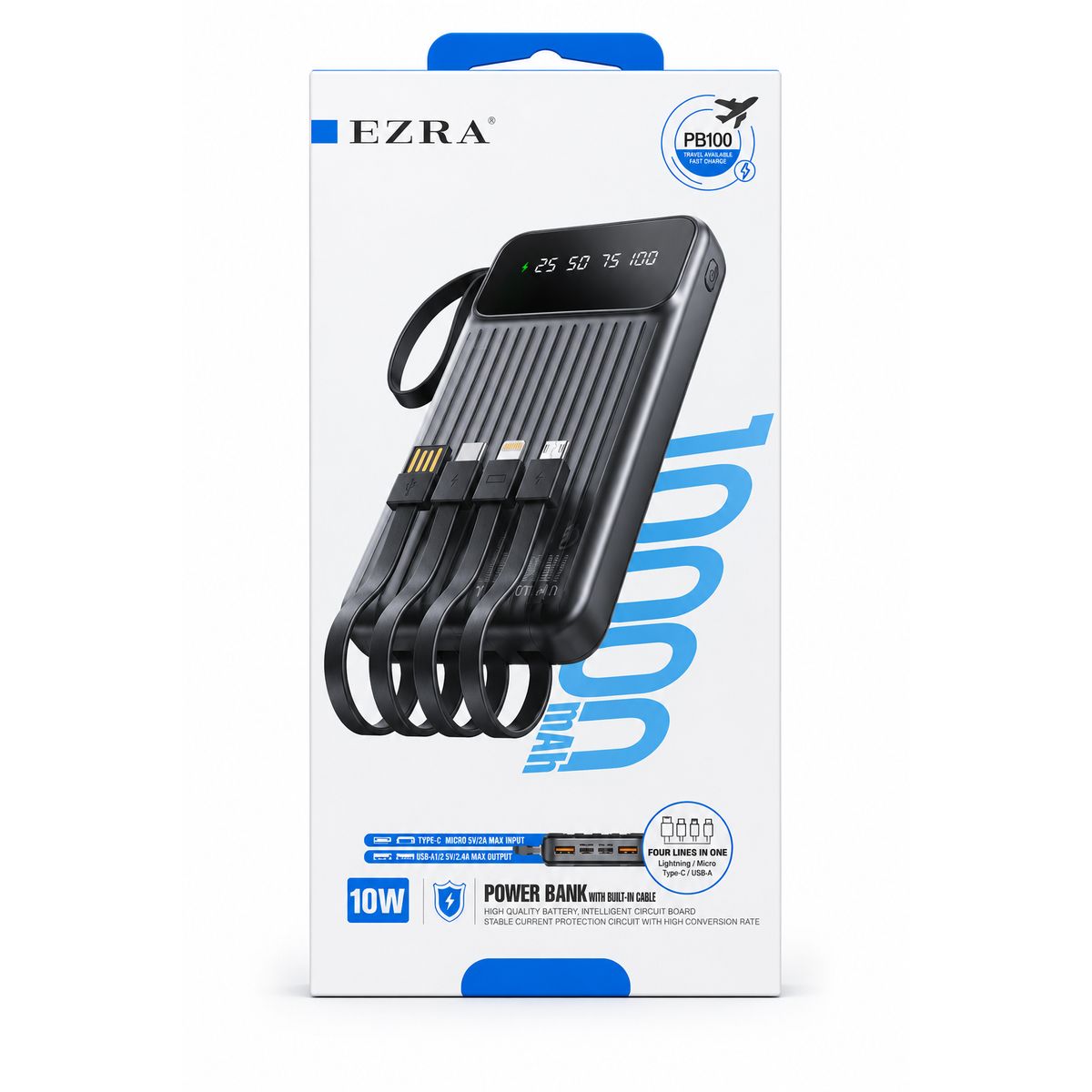 EZRA - Power Bank 10000mAh Carga Rápida Con 4 Cables Integrados