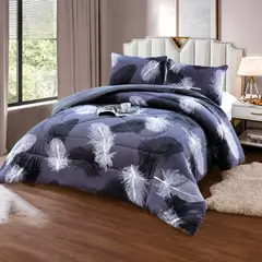 GENERICO - Colcha Acolchada de Polar Diseño Plumas Gris 2 Plazas con 2 Fundas de Almohada