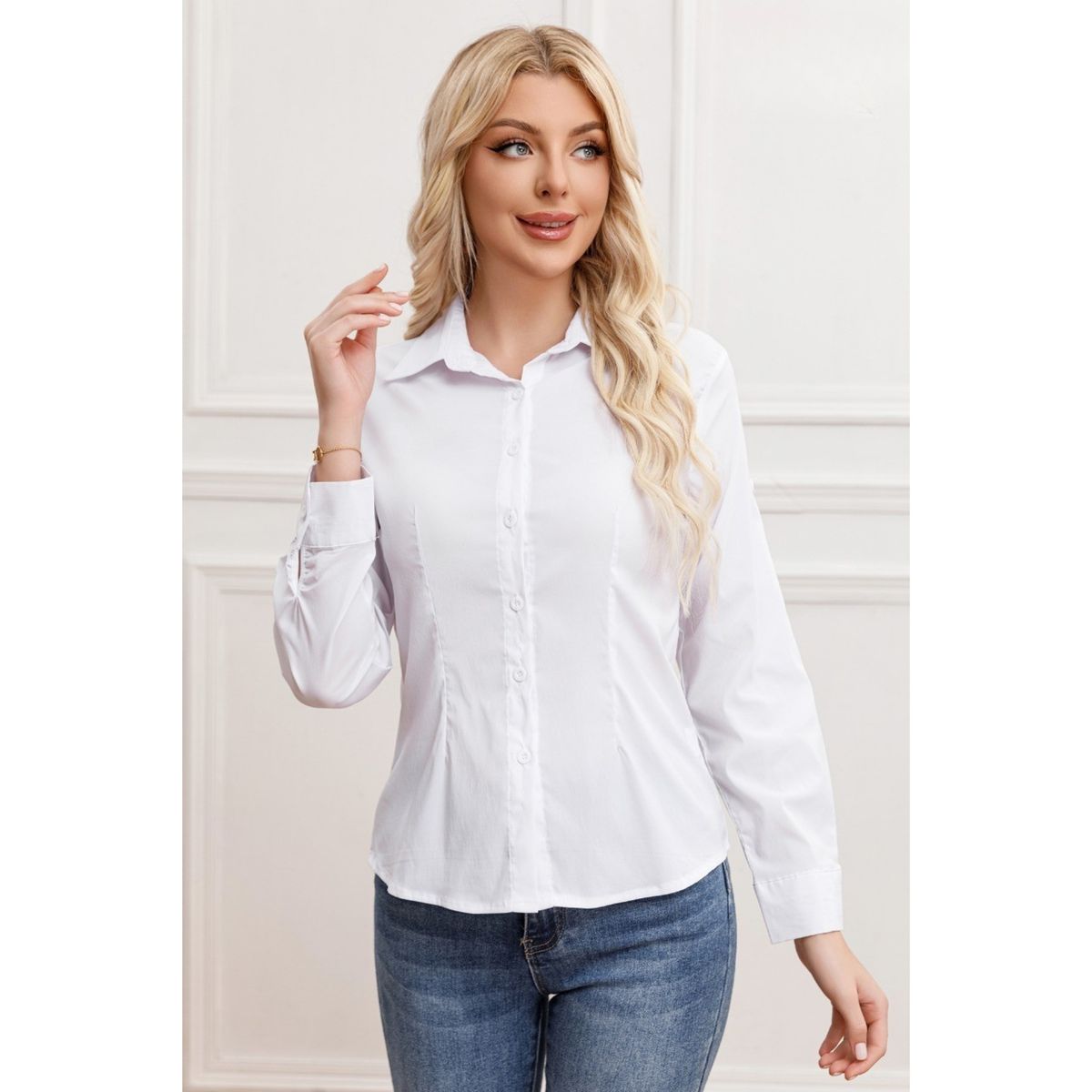 LIKE SHOP - Blusa Mujer Manga Larga Lisa Botones Formal Full Elasticada 0081