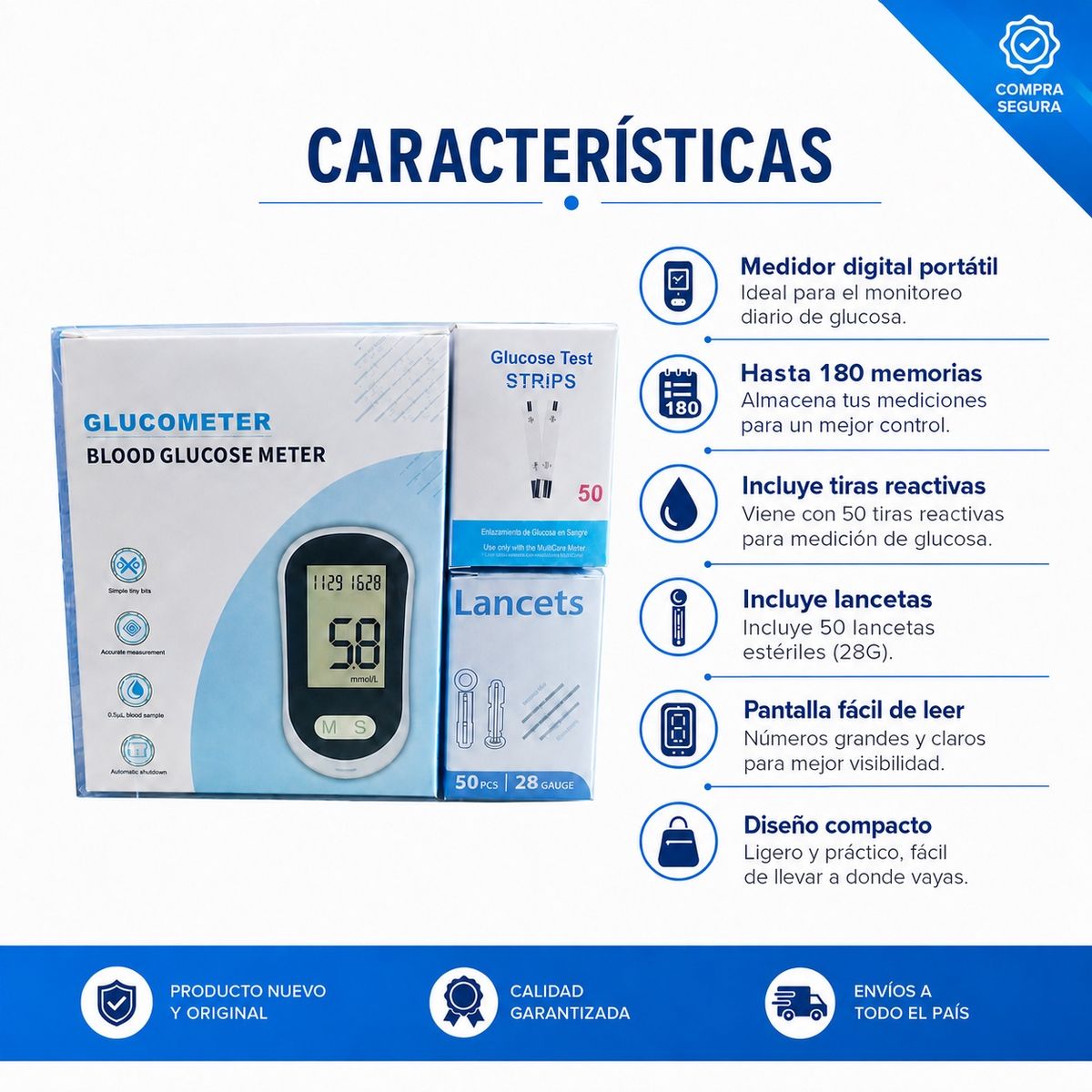 DOPA - Glucómetro Digital Portátil Con 50 Tiras Reactivas Y 50 Lanc