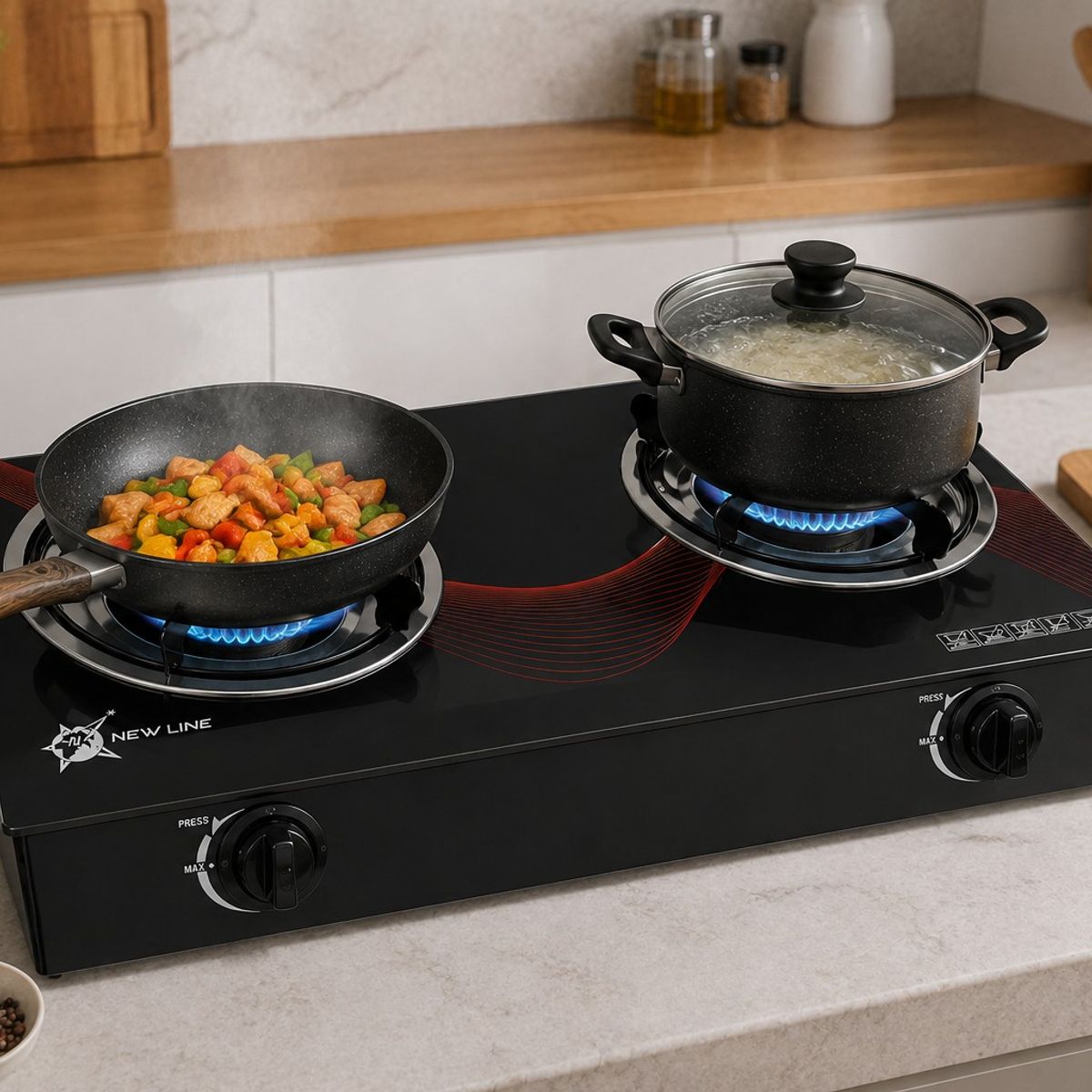 Cocina A Gas Con 2 Platos Vidrio Templado Marca New Line Color Negro, marca NEW LINE - Foto Principal