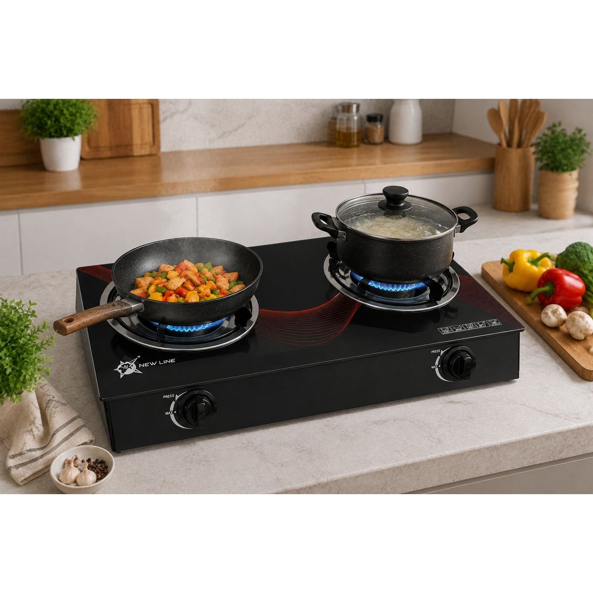 Cocina A Gas Con 2 Platos Vidrio Templado Marca New Line Color Negro, marca NEW LINE - Foto Principal