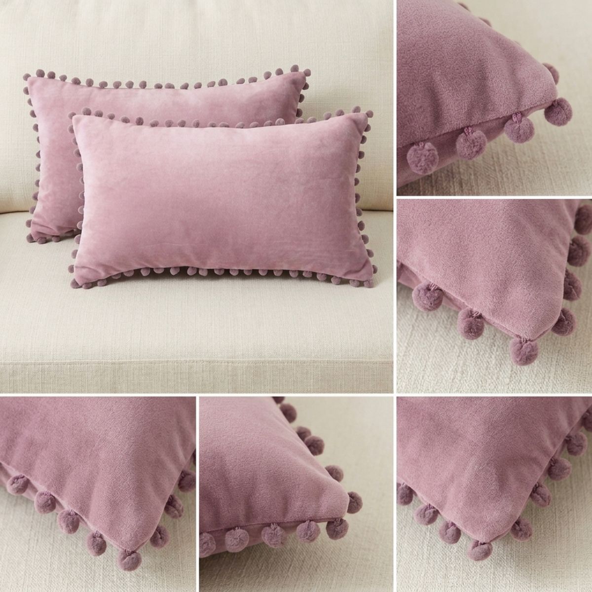 ARMONIA - Pack 2 Fundas de Cojín Terciopelo Pompon Rosa Rectangular 88.