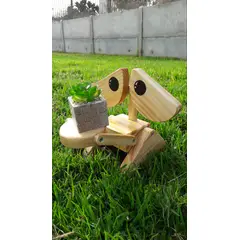GENERICO - Figura decorativa Robot de Madera hecho a mano con Planta Artificial