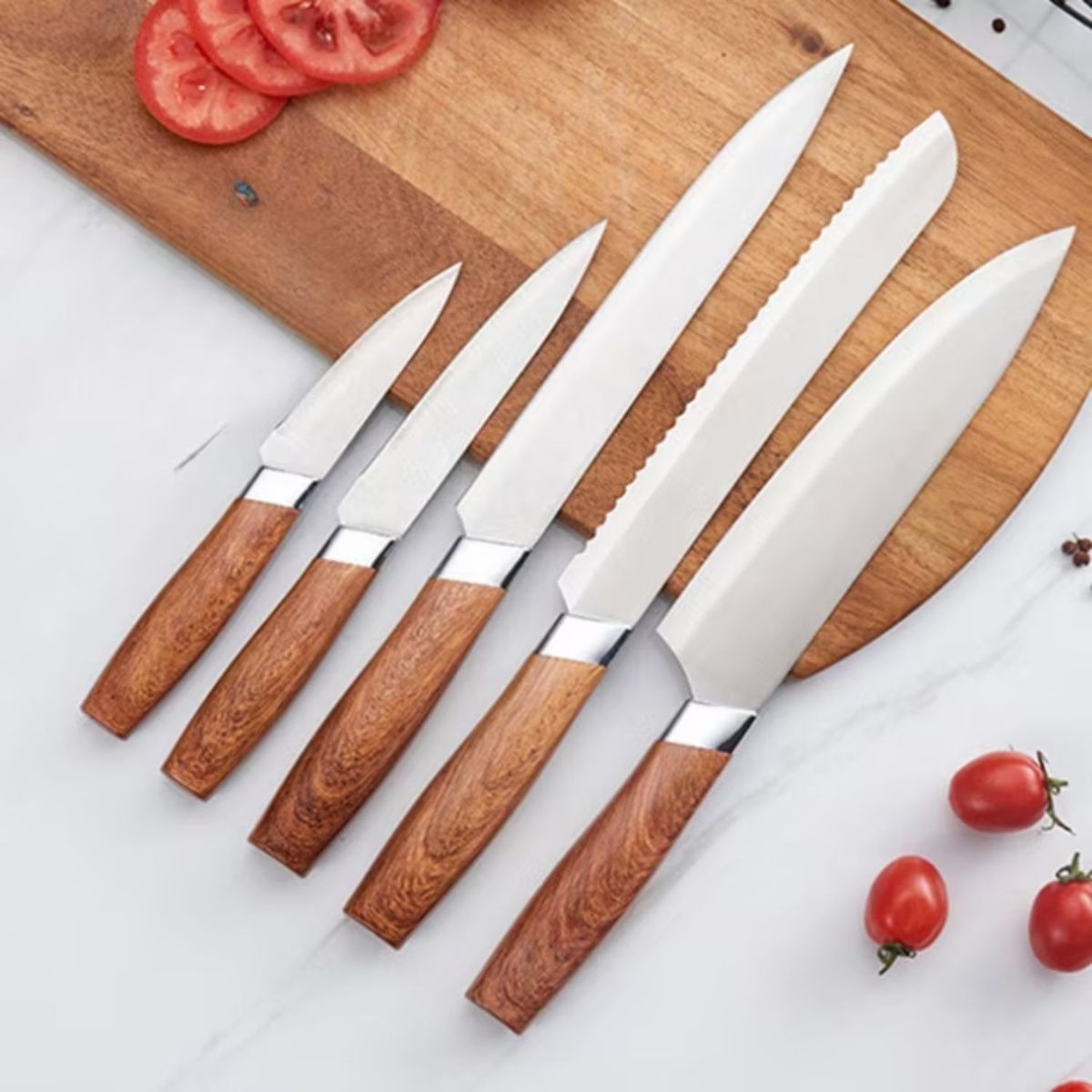 GENERICO - Set Cuchillos Cocina 6 Piezas con Mango de Madera